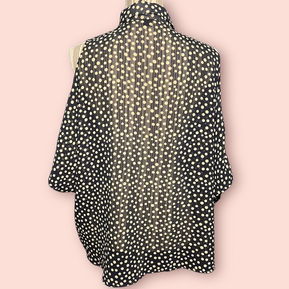 Navy Open Shoulder Button Down Blouse w/ Cream Polkadots - Picture 6 of 12